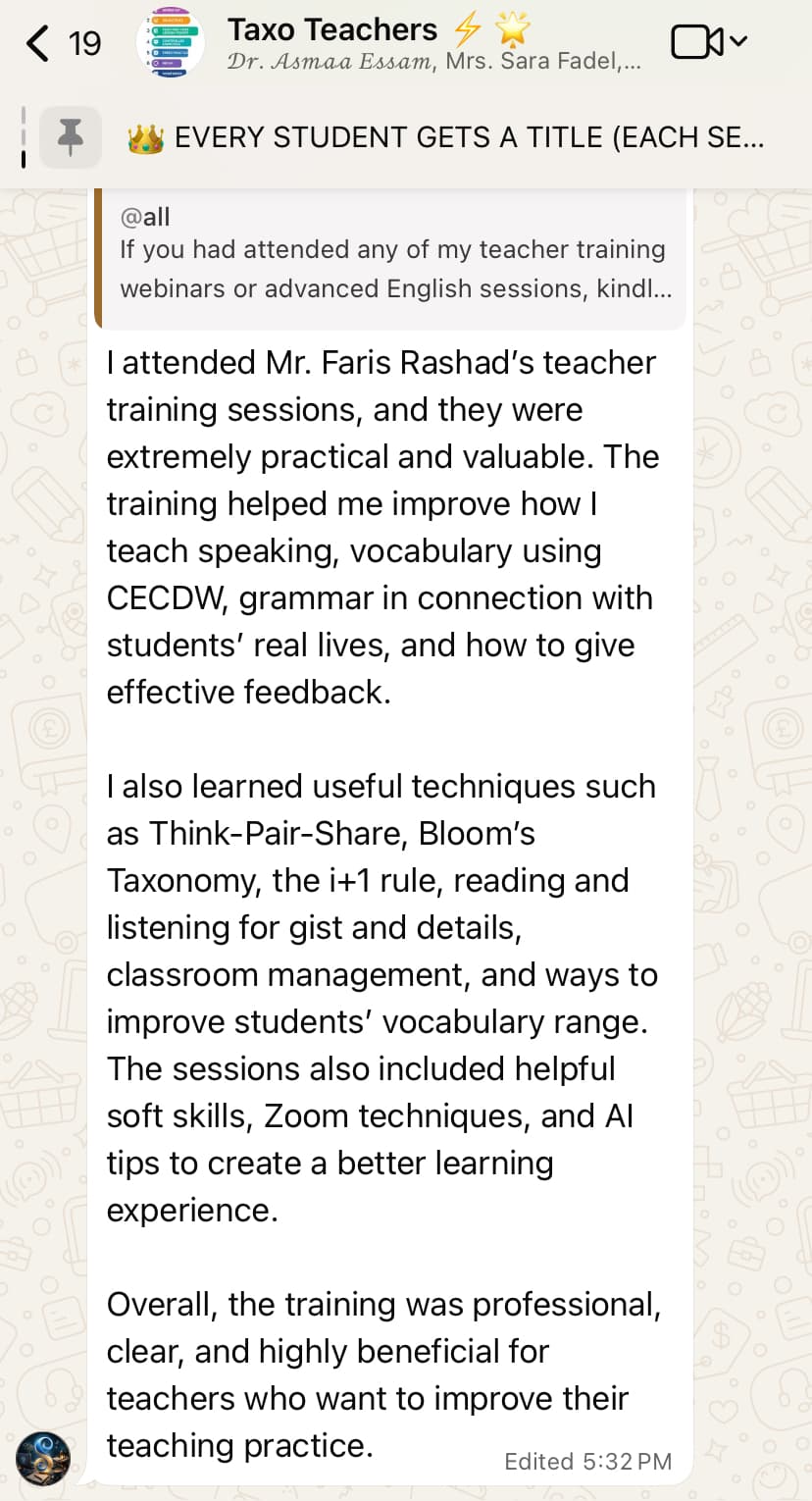 Captura original de la reseña - Teacher training participant